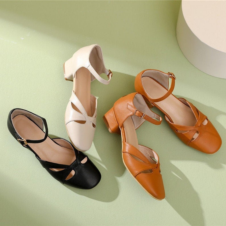 Handmade Genuine Leather Women's 4cm Heel Sandals,Thick Heel Sandals,Casual Leather Shoes,Women Summer Comfortable Shoes image 1