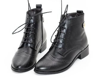 Handgemachte Echtleder Stiefeletten für Frauen,Schwarze Flache Booties,Oxford Schuhe Schnür-up Stiefeletten,Dicke Quadratische Ferse Booties