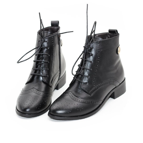 Cuir véritable fait main Bottes courtes pour femmes,Bottes plates noires,Bottes Oxford à lacets à lacets,Bottes à talons carrés épais