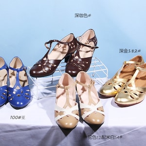 Customizable Women T-Strap Leather Shoes,Gold Color Swing shoes,Female Oxford Dancing Shoes,Mary Jane Shoes,5cm Heel Shoes,Summer Shoes image 6