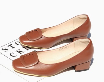 Genuine Leather 4cm Low Heel Shoes,Women's Leather Shoes,Square Head Thick Heel Shoes,Comfortable Work Shoes,Green Slip-ons,Brown Shoes