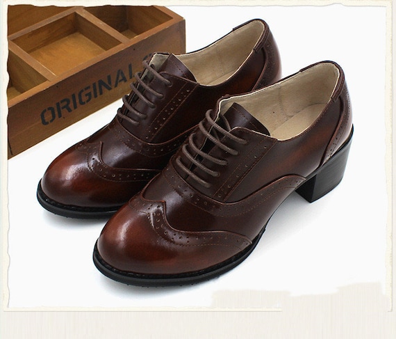 Handgemaakte vrouwen bruine leren schoenen Retro Leer 5cm - Etsy België