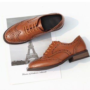 Women Leather Shoes, Leather Flat Oxfords Shoes, Closed Shoes, Brown Shoes, Handmade Shoes,Brock Shoes,customized shoes,Pink/Silver Shoes image 7
