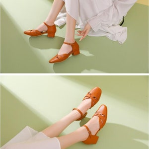 Handmade Genuine Leather Women's 4cm Heel Sandals,Thick Heel Sandals,Casual Leather Shoes,Women Summer Comfortable Shoes image 8