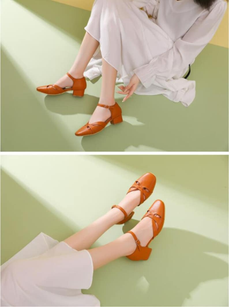 Handmade Genuine Leather Women's 4cm Heel Sandals,Thick Heel Sandals,Casual Leather Shoes,Women Summer Comfortable Shoes image 8