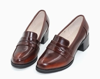 Customizable Handmade Genuine leather loafer women's flat shoes,Retro square head thick heel Shoes,British style Black Shoes,Slip Ons