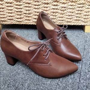 Handmade Women Brown Leather Shoes,low Thick Heel Shoes, Leather ...
