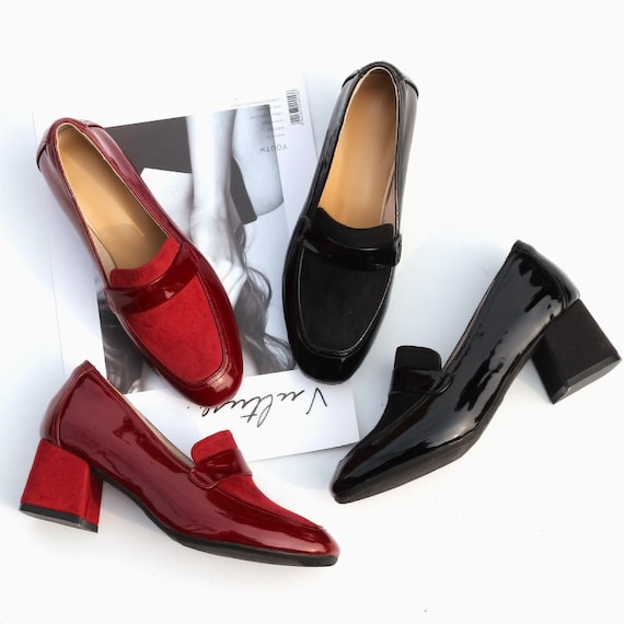 Handmade Women Thick Heel Loafers women Fashion Leather Shoes comfortable Work Shoes daily Wear Shoes red Leather Shoes black Suede Slip Ons Etsy Canada