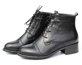 Handgemachte Echtleder Kurze Stiefel für Frauen,Schwarze Flachbooties,Oxford Schuhe Schnürstiefel,Dicke Eckige Fersenstiefel,Herbststiefel