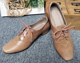 Handmade Women Leather Heel Shoes low Thick Heel Shoes Leather Square Toes Shoes Ladies Shoes leather Tie Shoes spring Autumn Shoes Etsy
