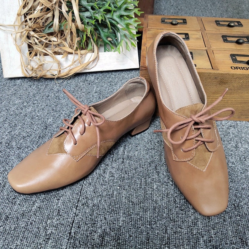 Handmade Women Leather Heel Shoeslow Thick Heel Shoes Etsy