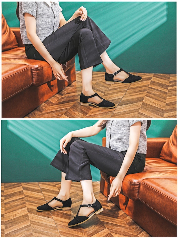 Handmade Women Brown Suede T-strap Shoes,black Retro Style Handmade Women Brown Suede T-strap Shoes,black Retro Style