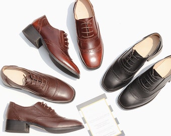 Customizable Handmade Genuine leather loafer women's flat shoes,Retro square head thick heel Shoes,British style Shoes,Oxford shoes lace-up