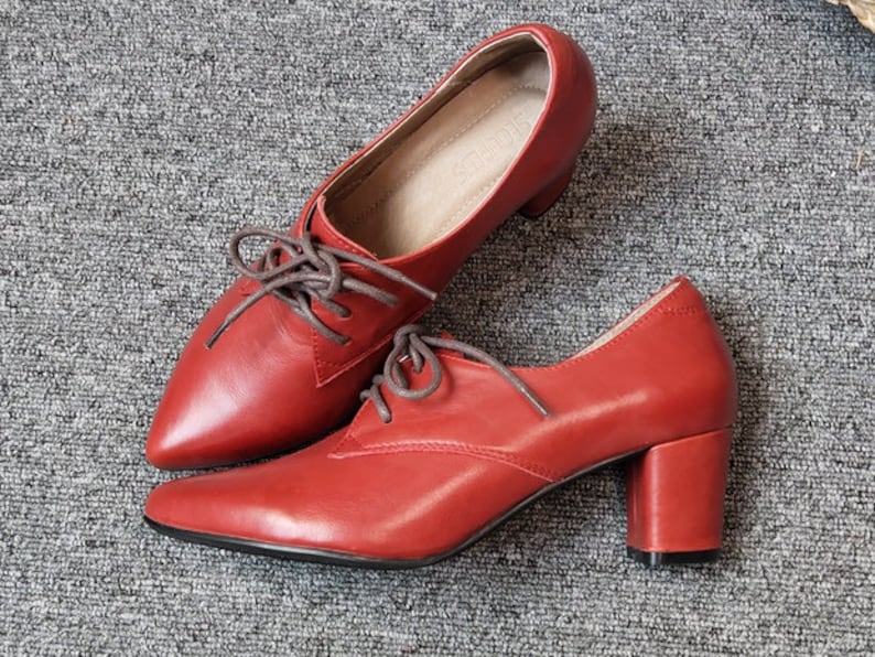 Handmade Women Red Leather Shoeslow Thick Heel Shoes Leather Etsy