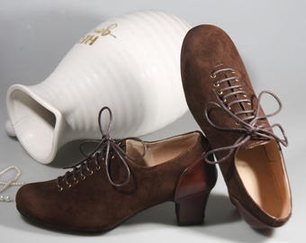 Handmade 1940s British Swing Dance Oxford Shoes for Women, Dark Brown Sheep Suede & Cow Leather Lace-up Mid Heels, Vintage Shoes