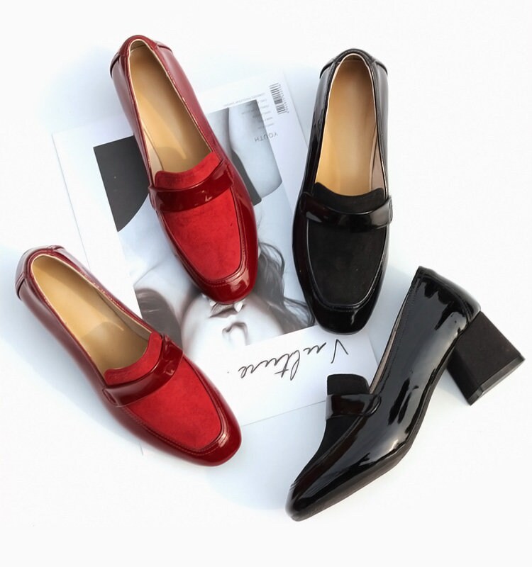 【関税込み】159 Loafers in Red Leather Leather Block Heeled Loafers Abigail - Red 100% Leather CG