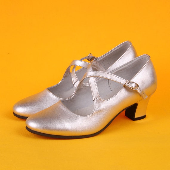 Customizable Handmade Women Silver Leather Shoes 5cm Heels Shoes female Straps Heels retro Shoes Social Dance Dhoes Etsy
