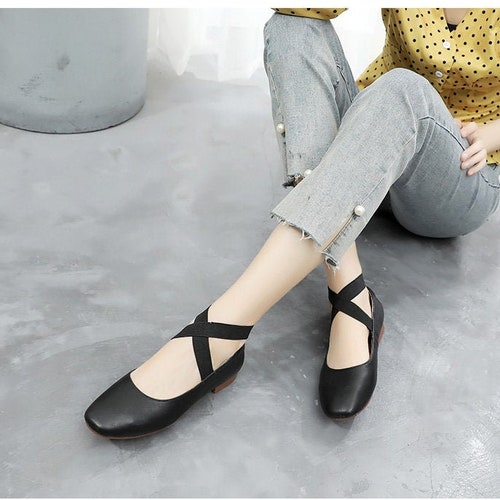 Handmade Black Flat Ballet Shoes,leather Cross Straps Dancing Shoes,thick-heeled  Shoes Women's Small Large Size Mid-heel Mary Jane Shoes - Etsy