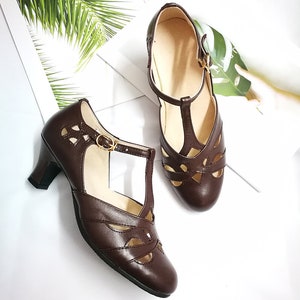 Customizable Women T-Strap Leather Shoes,Gold Color Swing shoes,Female Oxford Dancing Shoes,Mary Jane Shoes,5cm Heel Shoes,Summer Shoes Dark Brown