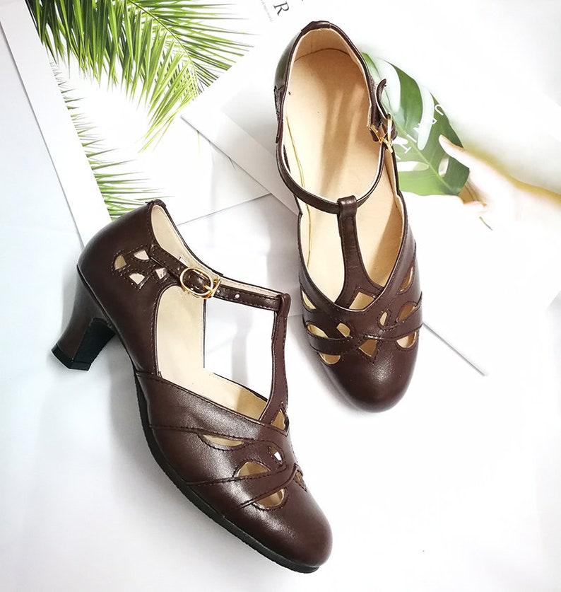 Customizable Women T-Strap Leather Shoes,Gold Color Swing shoes,Female Oxford Dancing Shoes,Mary Jane Shoes,5cm Heel Shoes,Summer Shoes Dark Brown