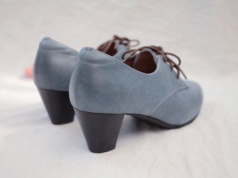 Handmade Women Blue Leather Shoeslow Thick Heel Shoes Etsy