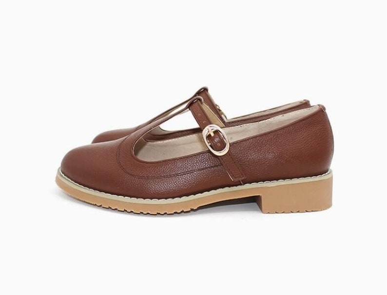 Customizable Genuine Leather Brown Mary Janes Flat Etsy
