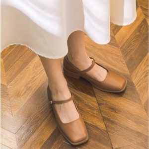 Handgefertigte Retro Mary Janes Schuhe, echtes Leder Damen 3,5 cm Schuhe mit niedrigem Absatz, lässige Lederschuhe, quadratische Zehenschuhe Braun