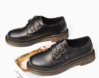 Handgemachte echtes Leder Damen flache Schuhe, Retro Runde Kopf Schuhe, schwarze flache Schuhe, Slip Ons
