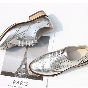 Women Leather Shoes, Leather Flat Oxfords Shoes, Closed Shoes, Brown Shoes, Handmade Shoes,Brock Shoes,customized shoes,Pink/Silver Shoes image 4
