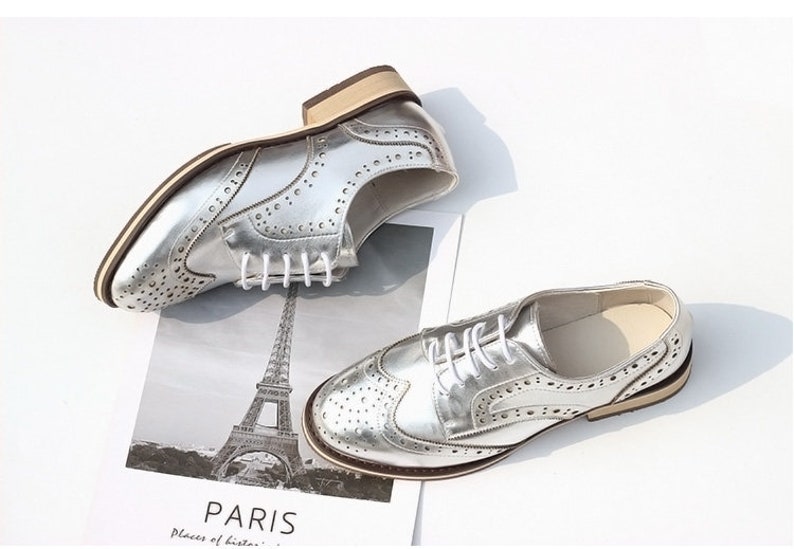 Women Leather Shoes, Leather Flat Oxfords Shoes, Closed Shoes, Brown Shoes, Handmade Shoes,Brock Shoes,customized shoes,Pink/Silver Shoes image 4