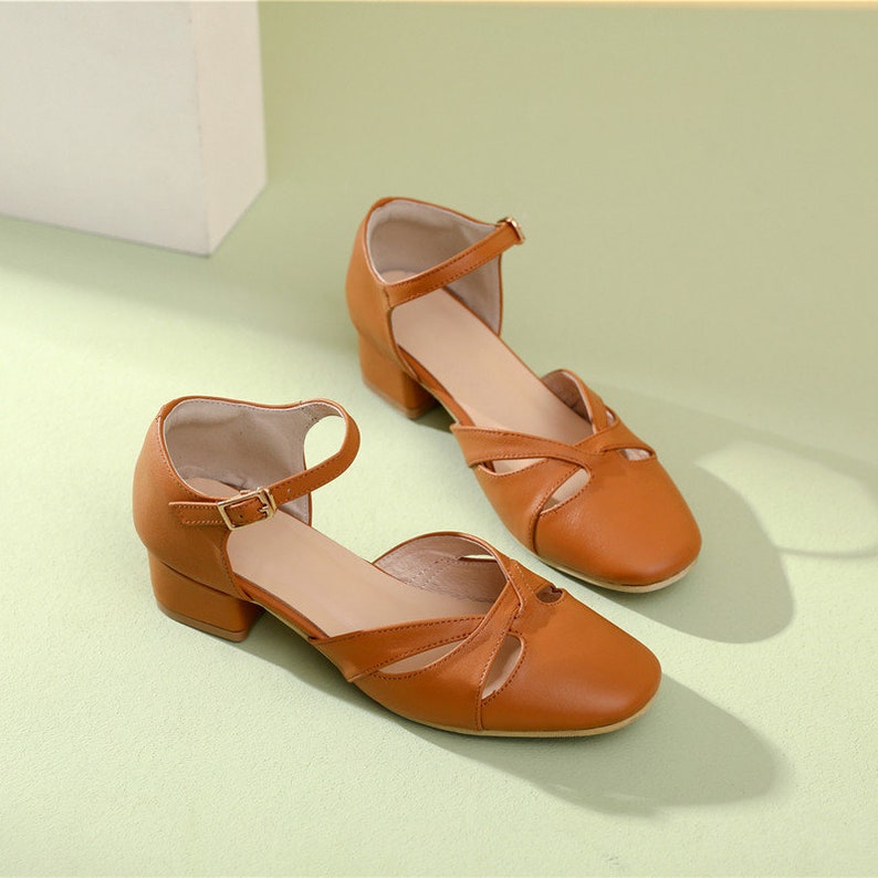 Handmade Genuine Leather Women's 4cm Heel Sandals,Thick Heel Sandals,Casual Leather Shoes,Women Summer Comfortable Shoes Brown