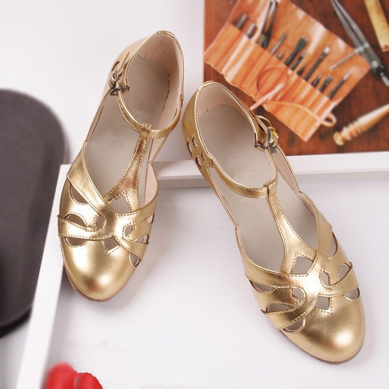 Customizable Women T-Strap Leather Shoes,Gold Color Swing shoes,Female Oxford Dancing Shoes,Mary Jane Shoes,5cm Heel Shoes,Summer Shoes Gold
