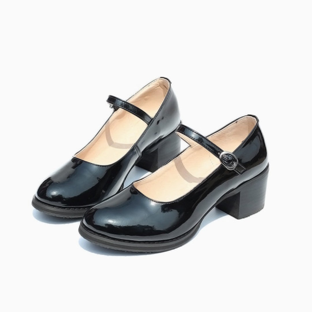 Black Genuine Patent Leather Block Heels Mary Jane Square Toe Shoes 9.5 US
