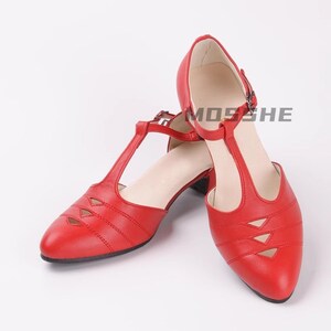 Personnalisable ! Chaussures femme en cuir rouge et talons de 4 cm, chaussures à bout pointu en cuir avec brides en T, chaussures de ville élégantes, sandales, chaussures d'été, chaussures de danse