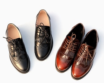 Customizable Women's Brock Shoes,British Retro Shoes,Leather pointed toe tassel Shoes,brogue carved shoes,comfortable low-heeled women shoes