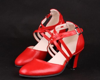 Cross Strap Leather Shoes! 7cm Heels Shoes, Women's Swing Dance Shoes, Latin Dance Shoes,Genuine Leather Shoes,Customizable Colors & Heels