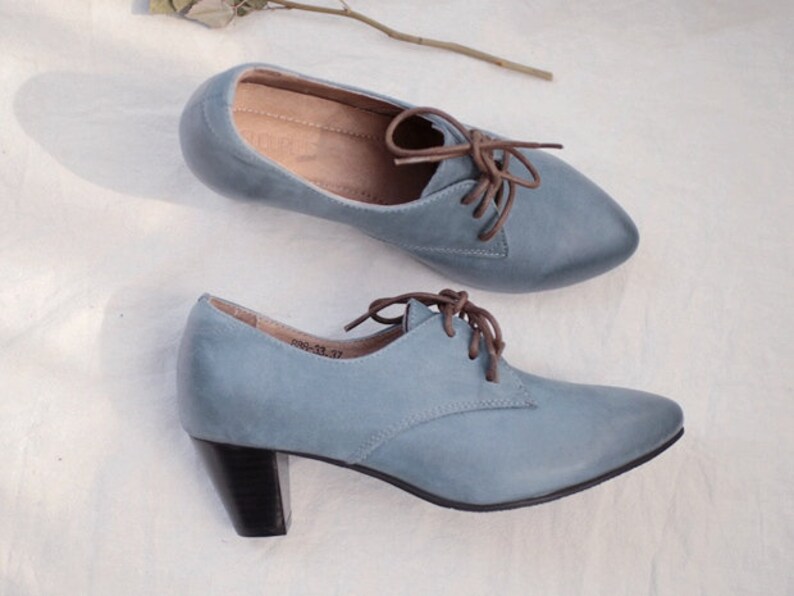 Handmade Women Blue Leather Shoeslow Thick Heel Shoes Etsy