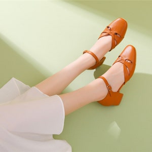 Handmade Genuine Leather Women's 4cm Heel Sandals,Thick Heel Sandals,Casual Leather Shoes,Women Summer Comfortable Shoes image 2