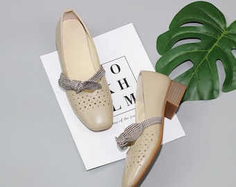 Handmade Vintage Mary Jane Women's Flat Shoes Bow Knot Hollow