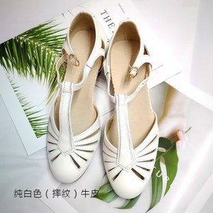 Chaussures en cuir personnalisables faites à la main, chaussures de danse swing de style rétro de style rétro de 3 cm, chaussures à sangle en T féminines, chaussures à pompe Oxford, chaussures Mary Jane All White