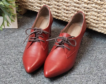 Handmade Women Red Leather Shoes,Low Thick Heel Shoes, leather Pointed toes Shoes, ladies shoes,Work Shoes,Red Tie shoes