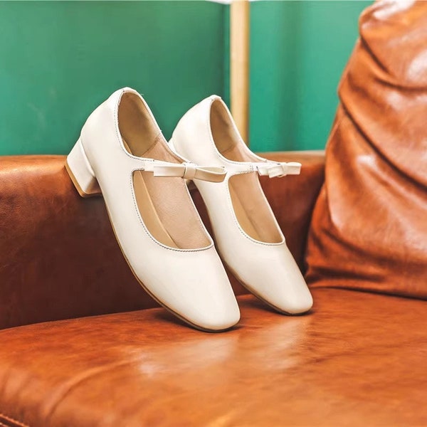 Handmade Women Mary Janes Shoes with Bowknot,Low Heel Shoes,Closed Toe Shoes, Square Heel Shoes,Comfortable Leather Shoes for Her