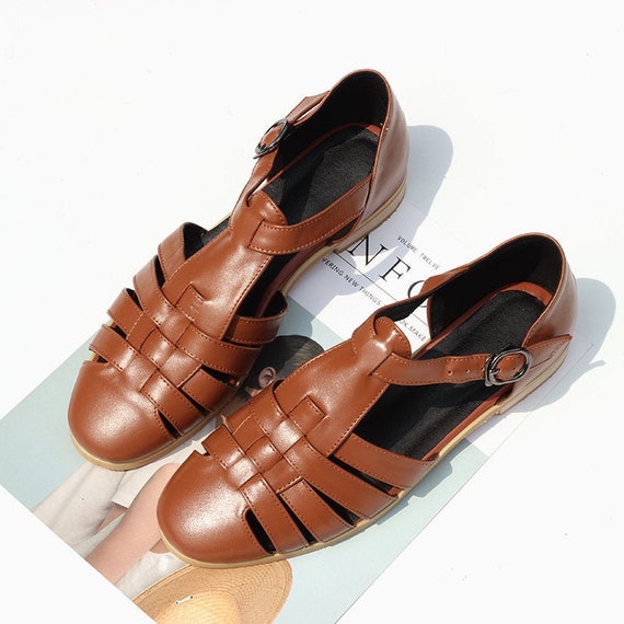 Handmade Women Sandals,Women Flat Leather Straps Sandals,Comfortable Sandals,Female T-Strap Shoes,Oxford Shoes,Leather Mary Jane Shoes