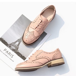 Women Leather Shoes, Leather Flat Oxfords Shoes, Closed Shoes, Brown Shoes, Handmade Shoes,Brock Shoes,customized shoes,Pink/Silver Shoes image 6