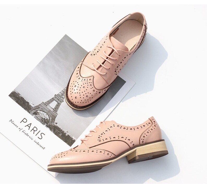 Women Leather Shoes, Leather Flat Oxfords Shoes, Closed Shoes, Brown Shoes, Handmade Shoes,Brock Shoes,customized shoes,Pink/Silver Shoes image 6