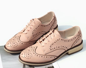 Women Leather Shoes, Leather Flat Oxfords Shoes, Closed Shoes, Brown Shoes, Handmade Shoes,Brock Shoes,customized shoes,Pink/Silver Shoes