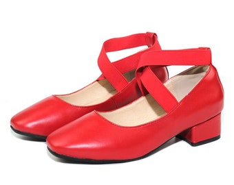 Handmade Red Flat Ballet Shoes,Leather Cross Straps Dancing Shoes,Thick-heeled Shoes Women's Small Large size Mid-heel Mary Jane shoes