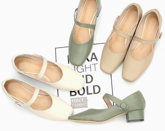 Customizable Genuine Leather Retro Mary Janes Low Heel Shoes,Women&#39;s Flat Shoes,Square Head Thick Heel Shoes,Comfortable Work Shoes