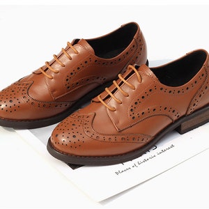 Women Leather Shoes, Leather Flat Oxfords Shoes, Closed Shoes, Brown Shoes, Handmade Shoes,Brock Shoes,customized shoes,Pink/Silver Shoes Brown