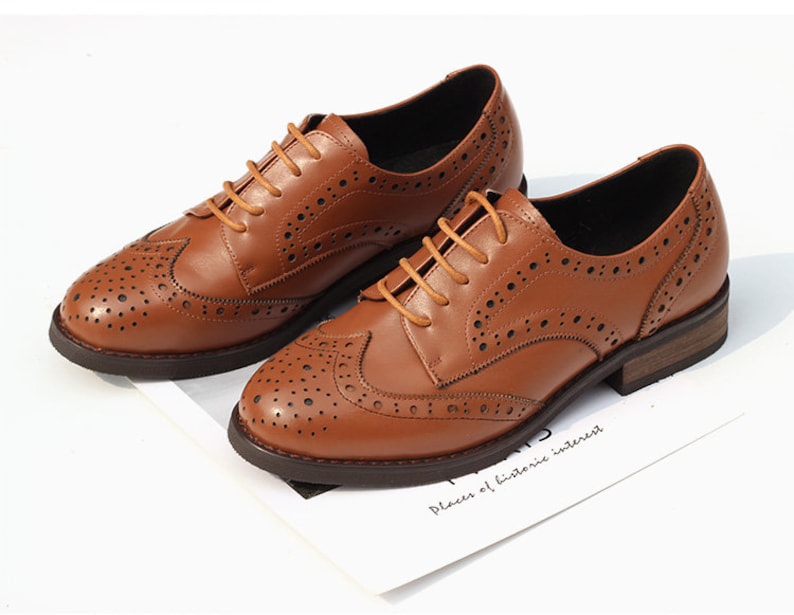 Women Leather Shoes, Leather Flat Oxfords Shoes, Closed Shoes, Brown Shoes, Handmade Shoes,Brock Shoes,customized shoes,Pink/Silver Shoes Brown